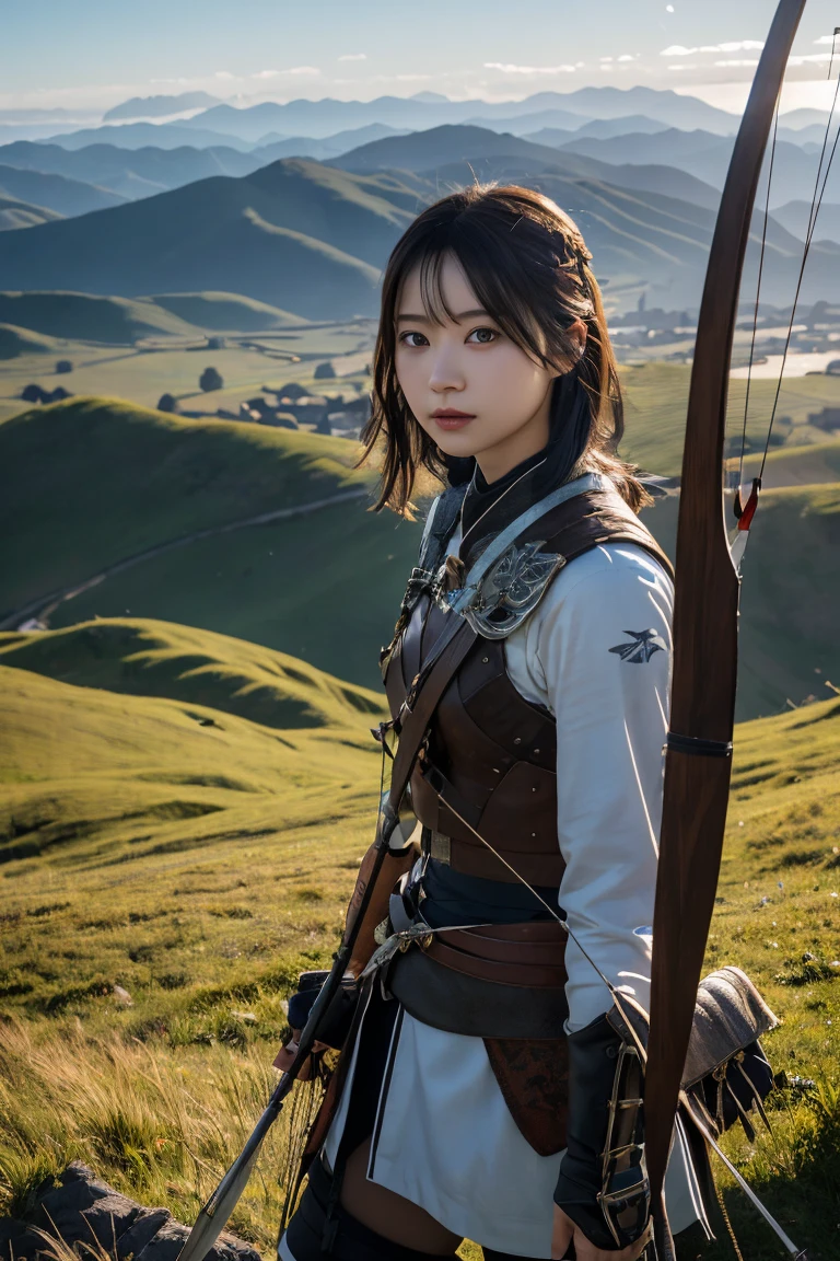 A beautiful young archer girl with smooth skin and large, expressive eyes, captured in a photorealistic style. She is standing on a hilltop with a quiver of arrows on her back, looking out over a vast landscape. High detail, 8k resolution, ultra-detailed, masterpiece.
