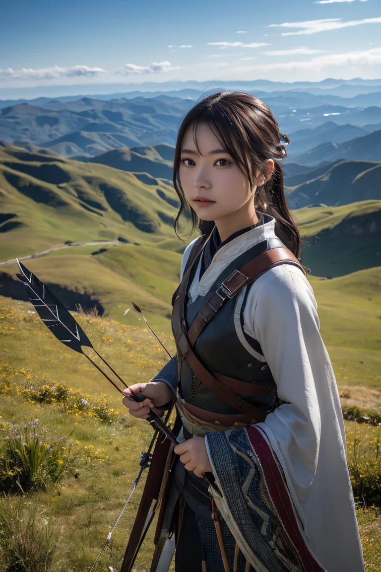 A beautiful young archer girl with smooth skin and large, expressive eyes, captured in a photorealistic style. She is standing on a hilltop with a quiver of arrows on her back, looking out over a vast landscape. High detail, 8k resolution, ultra-detailed, masterpiece.