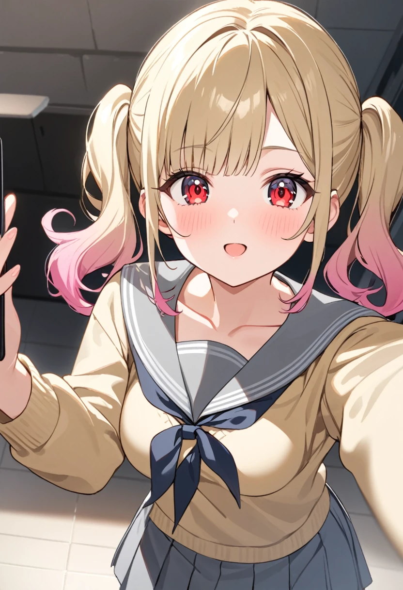 Gradient with pink tips,Blonde,Twin tails up to the shoulders,Red eyes,high school girl,A pleasant looking face,Slightly curled twin tails,(selfie1.5),medium breasts,steam,Side bangs down to the collarbone with curls, With pink gradient tips,full body, close to viewer,Gray serafuku,Gray serafuku over yellow cardigan,(from below2)