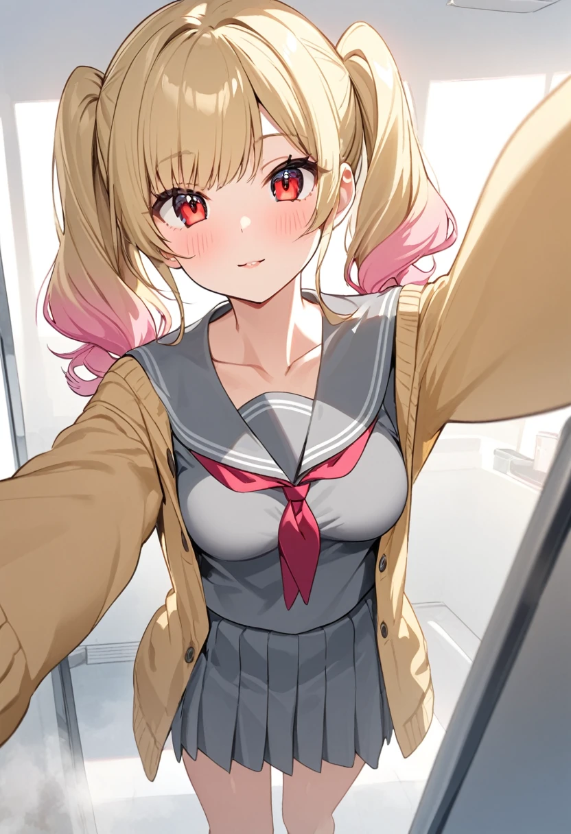 Gradient with pink tips,Blonde,Twin tails up to the shoulders,Red eyes,high school girl,A pleasant looking face,Slightly curled twin tails,(selfie1.5),medium breasts,steam,Side bangs down to the collarbone with curls, With pink gradient tips,full body, close to viewer,Gray serafuku,Gray serafuku over yellow cardigan,(from below2)