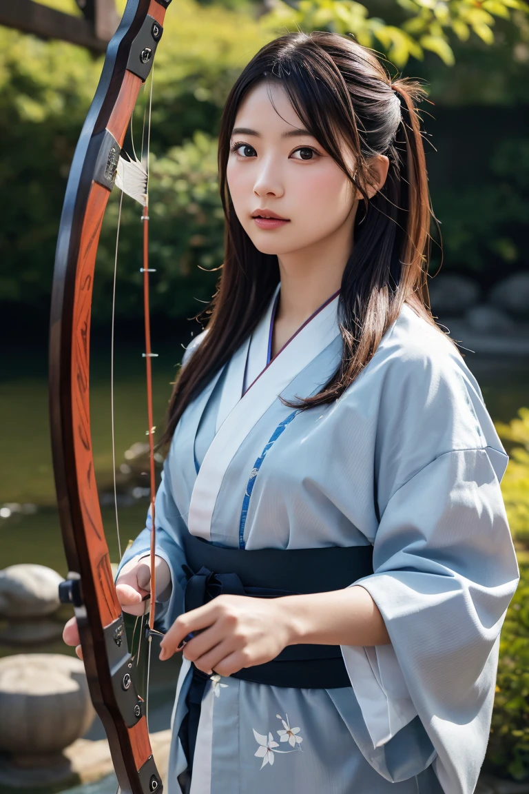 A highly detailed, photorealistic portrait of a young female archer with long, flowing hair, wearing a traditional kimono. She is in an archery stance, ready to release an arrow, with a background of a traditional Japanese garden. High resolution, 8k, ultra-detailed, best quality.