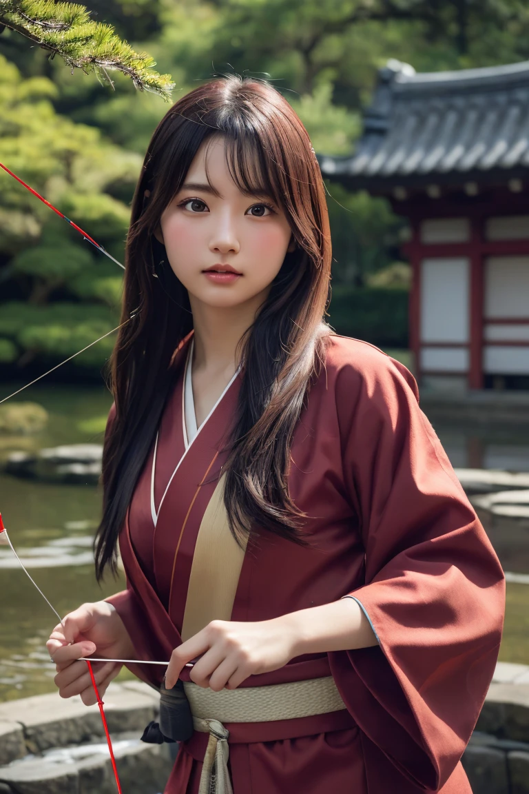 A highly detailed, photorealistic portrait of a young female archer with long, flowing hair, wearing a traditional kimono. She is in an archery stance, ready to release an arrow, with a background of a traditional Japanese garden. High resolution, 8k, ultra-detailed, best quality.