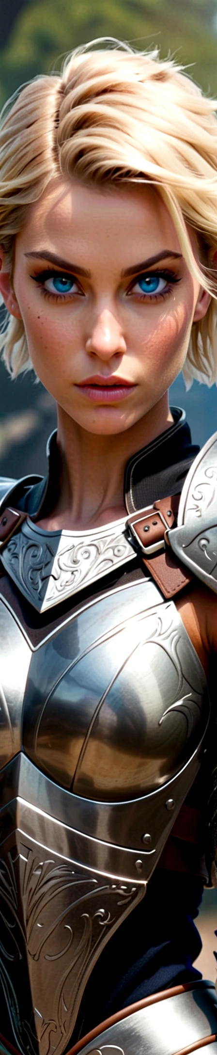 woman-warrior, beautiful valkyrie, Blue eyes, blond short hair, steel armor, Offended expression on his face, caprice