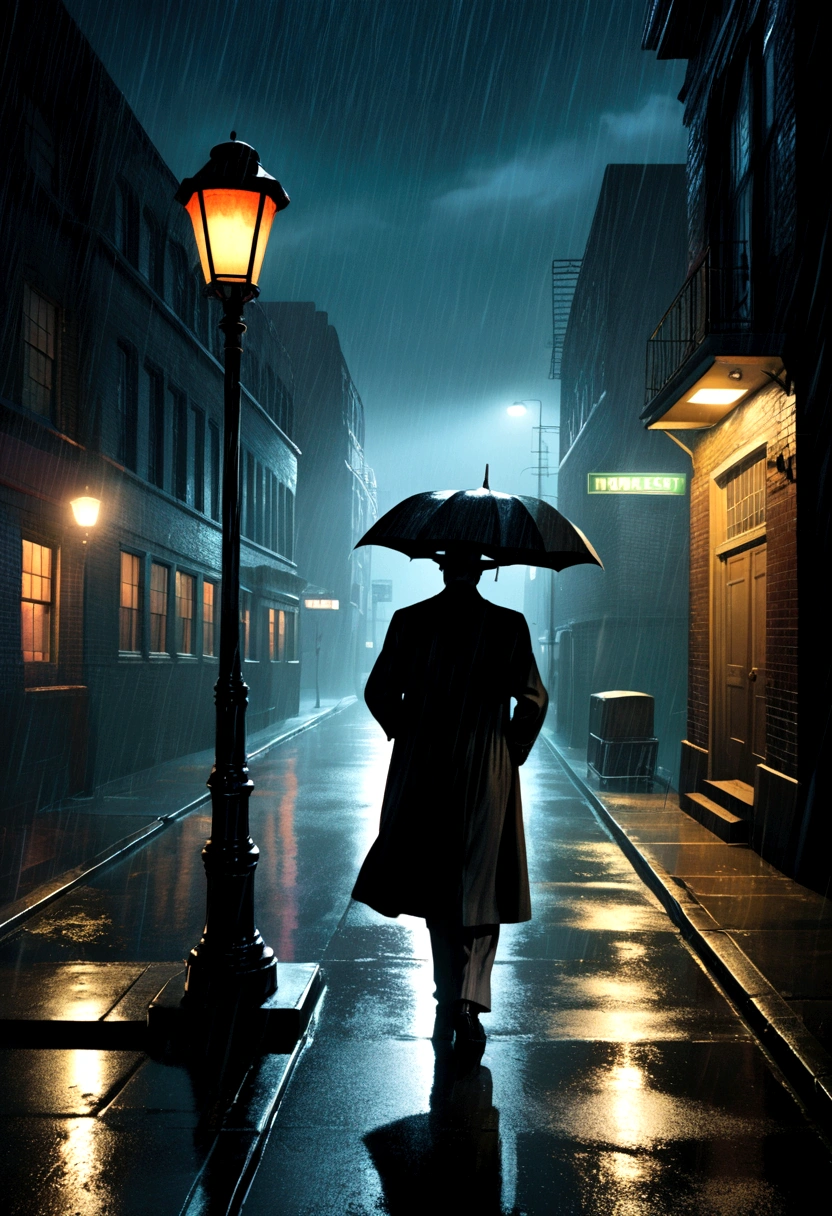 Location: 1920s ?????? Neo-noir street. Style: Frank Miller comic style. Dark fantasy, Rainy, midnight, street lamp, hospital