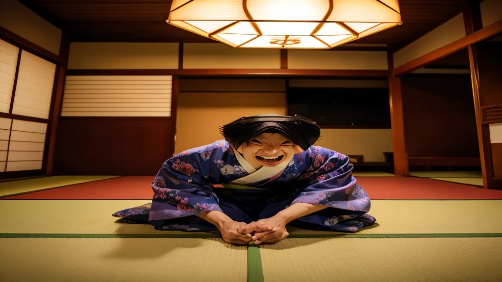 Best quality images。Surreal Style。A Japanese man wearing a kimono in a Japanese-style room。Crouched down and screaming。