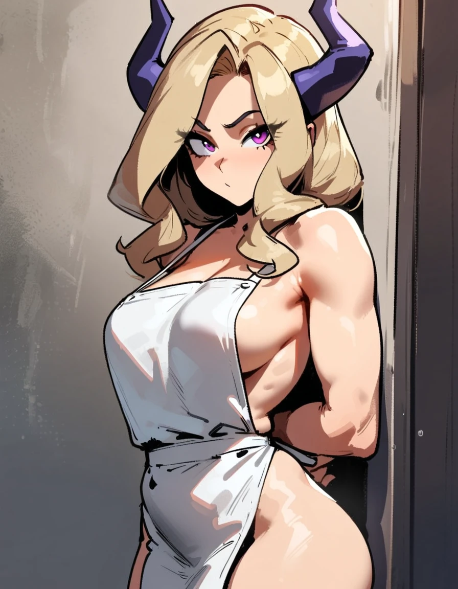 1girl, mount lady, boku no hero academia \\\\\ masterpiece, best quality, very aesthetic, absurdres, newest \\\\\\ sportive body,  \\\\\\  by dodok, nyantcha, cutesexyrobutts, by khyle ///// blonde, purple eyes,   , 24 years old,, wearing only apron, , naked, rating general, hands behind back
