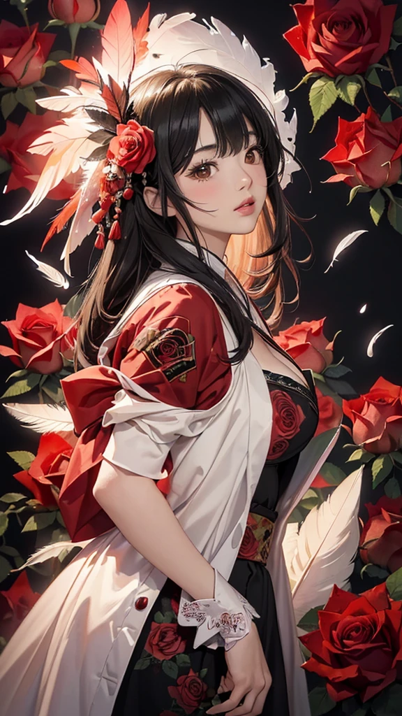 ((Highly detailed CG unit 8k wallpaper, masterpiece, High resolution, highest quality, highest qualityのリアルテクスチャスキン)), ((very beautiful woman, Nana Komatsu, Figure with hands in pockets:1.5, plump lips, Japanese pattern haori)), (messy black hair, white skin, small breasts), ((and handle background, Colorful background with roses and feathers、Red and Black warm color)), Sumi-e, hyper realistic, digital painting, concept art,Red and Black