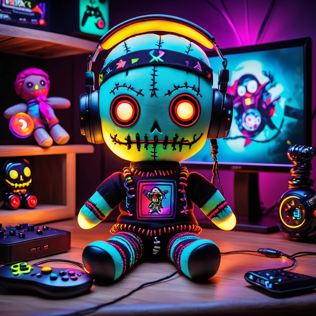 (knitted toy voodoo doll:1.7), (Voodoo Doll Gamer:1.3), (Clothing: gaming headset and stylish gaming jersey:1.0), (Accessories: enchanted controller emitting colorful lights, levitating game icons:1.1), (background: vibrant gaming room with floating screens, glowing consoles, and spectral game characters:1.2), best quality, masterpiece, detailed soft oil painting, detailed background, dramatic cinematic lighting, soft edge lighting, professional, dramatic lighting, hard edge lighting, ultra quality, 4k, masterpiece, best quality, 8k, ultra high definition, high resolution, extremely detailed