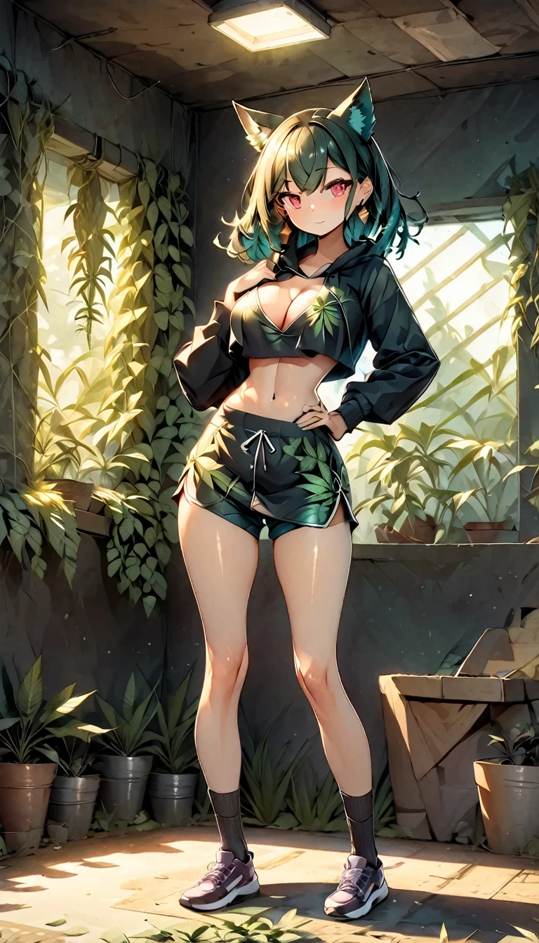 , Croped, , cleavage, slim waist, cropped hoodie underboob, cropped hoodieunderboobhoodie, 1girl, 2 wolf ears, wolf tail, marijuana crop hoodie, crop shorts, marijuana hoodie, spiky hair, spiky fur, green hair, red eyes,marijuana field, tight clothes, perfect eyes, perfect hands, clear resolution, full body, cleavage skin, marijuana plants, open hoodie, marijuana scenery, black thigh high socks, full body, earrings, 1girl, skirt, cleavage, slim waist, cleavage, slim waist, hair pulled back,