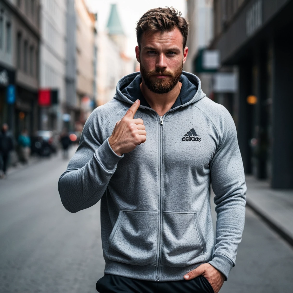 RAW-Foto, Full body shot of the man, ((wide shot)), a man walking, handsome man with beard, he shows his muscles in a bodybuilding pose, walks along the street, standing in the city, has put on a sporty hoodie, Hoodie in the color grey, Brand logo from adidas on the jacket, detailed face, blue eyes, (highly detailed skin:1.2), 8K  UHD, dslr, soft lighting, good quality, film grain, Fujifilm XT3 dappled light on the face, pale skin, Hautporen, oiled, shiny skin, skin blemishes, impure skin, complicated skin details, visible skin detail, detailed skin structure, Blush, folds, Vitiligo spots, moles, Blackheads, Blackheads, white pimples, red pimples, Schönheitsfleck, Hautflaum, [[[[[freckles]]]]] (perfect eyes), ((perfect hands with four fingers and one thumb each))