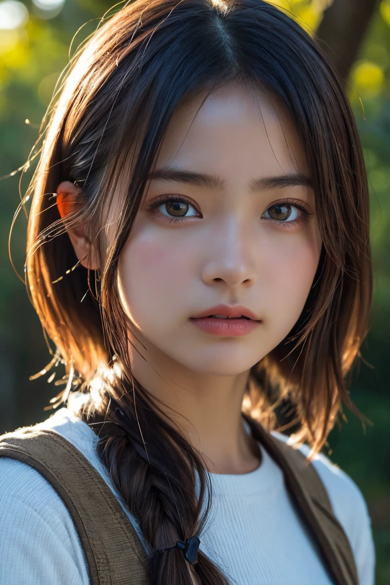 A close-up, photorealistic portrait of a young archer girl with smooth skin, large eyes, and a focused expression. She is standing in front of a blurred background of a forest, with her bow drawn and ready. High detail, 8k resolution, ultra-detailed, masterpiece.