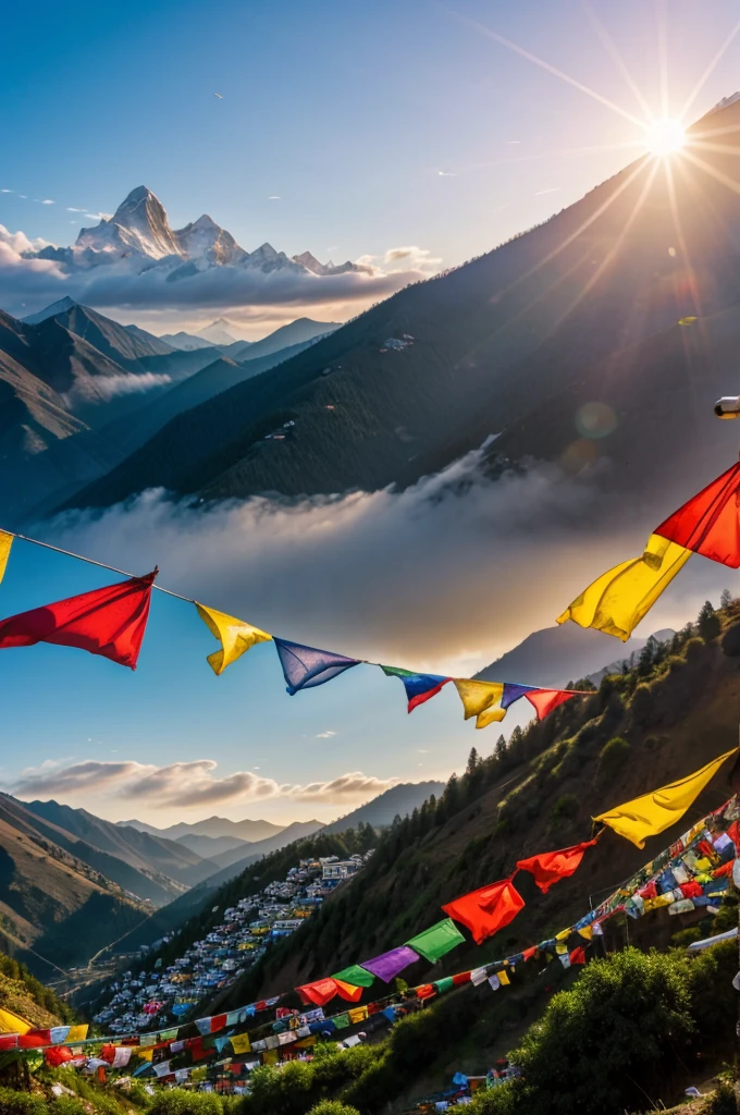 Hills, prayer flags, birds flying, sunset 