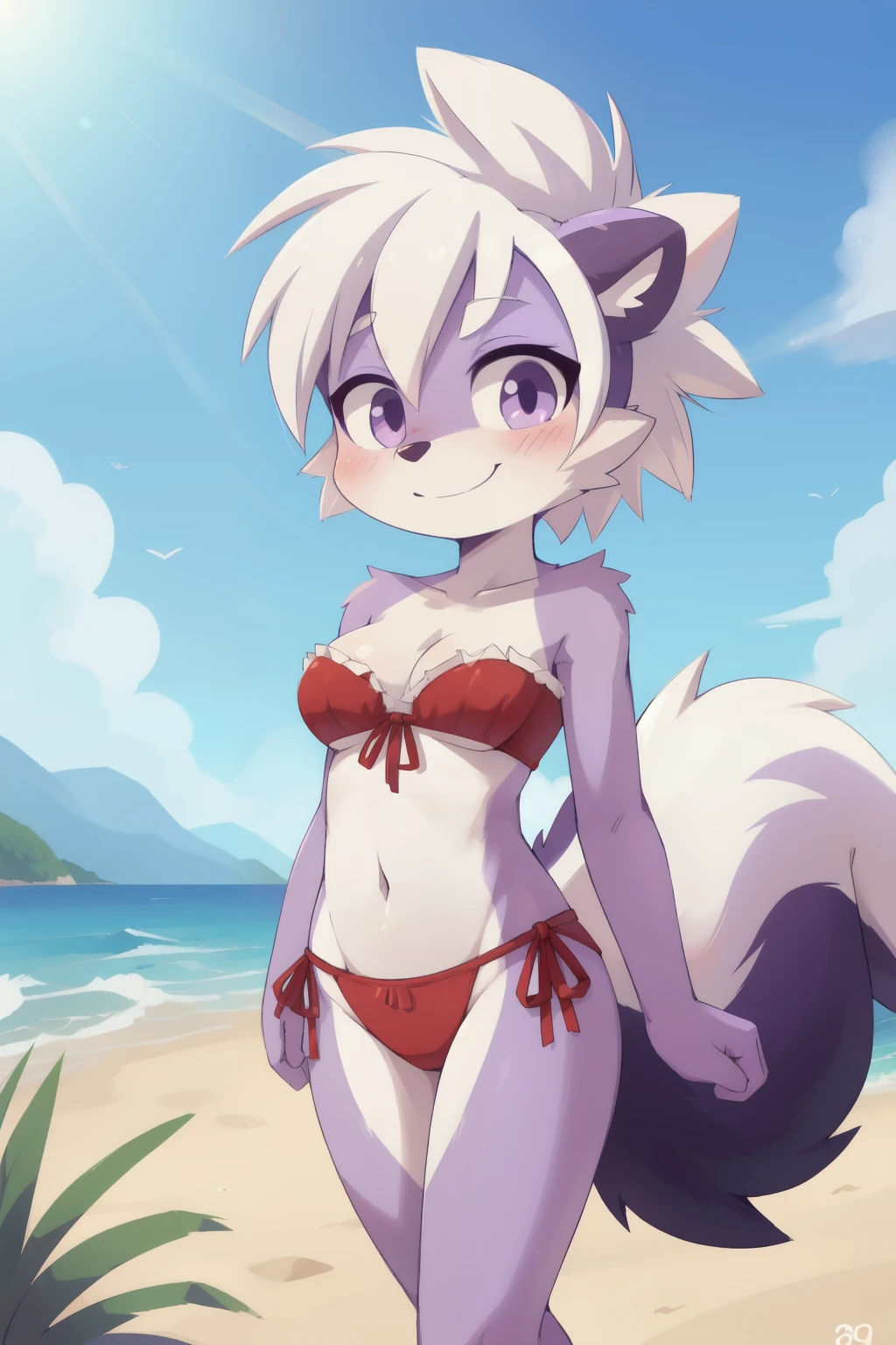 score_9,score_8_up,score_7_up, source_cartoon, source_furry, skunk girl, lilac eyes, skunk tail, white hair, mohawk hairstyle, spiky hair, furry, blush, looking at viewer, smile, 1girl, skunk ears, furry female, two tone body fur, clear purple body fur, white body fur, ((red strapless fringed bandeau bikini, red fringed bikini bottom)), beach, clear sky, uperbody