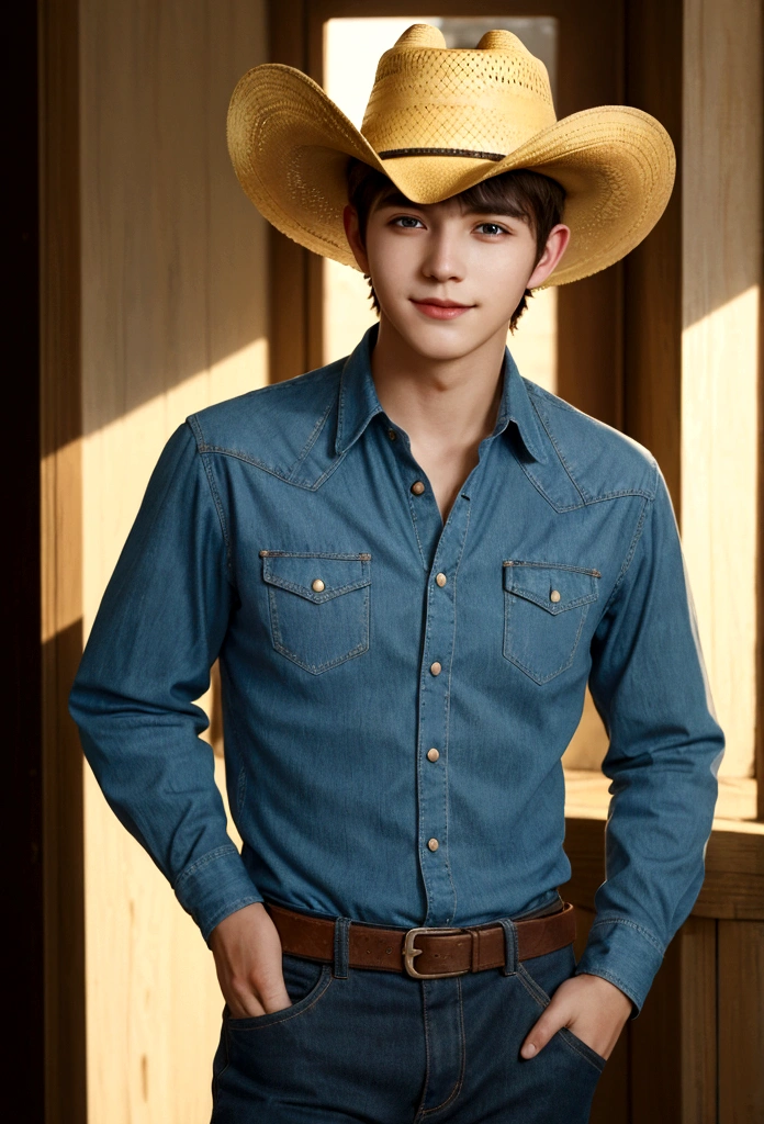 Happy young man , wearing cowboy hat, colete de cowboy, side lighting, Sunnyday, half length shot, top quality photo.