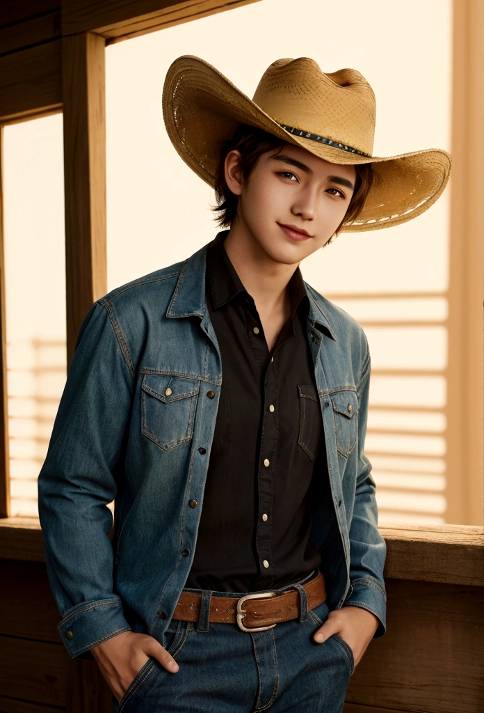 Happy young man , wearing cowboy hat, colete de cowboy, side lighting, Sunnyday, half length shot, top quality photo.