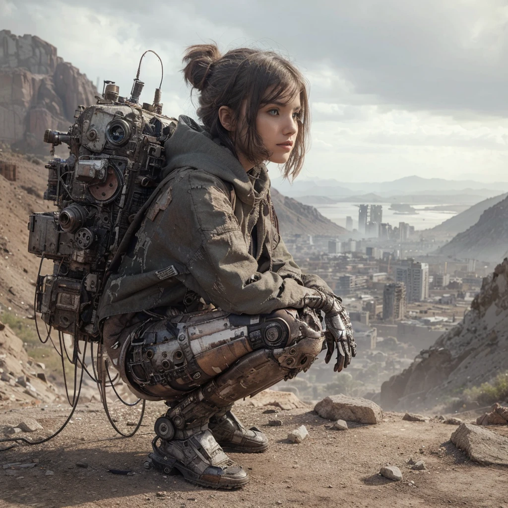 4D realistic image of a Girl like robot squat in a desolate clif, post-apocalyptic setting. The robot appears weathered and abandoned, with exposed wires and a tattered cloak draped over its body. a human like head with pretty girl face and seems to be in a state of disrepair. In the background, there are Devastated city on the valley that contribute to the atmosphere of decay and desolation. The setting is overcast, with a muted color palette, cross lighting