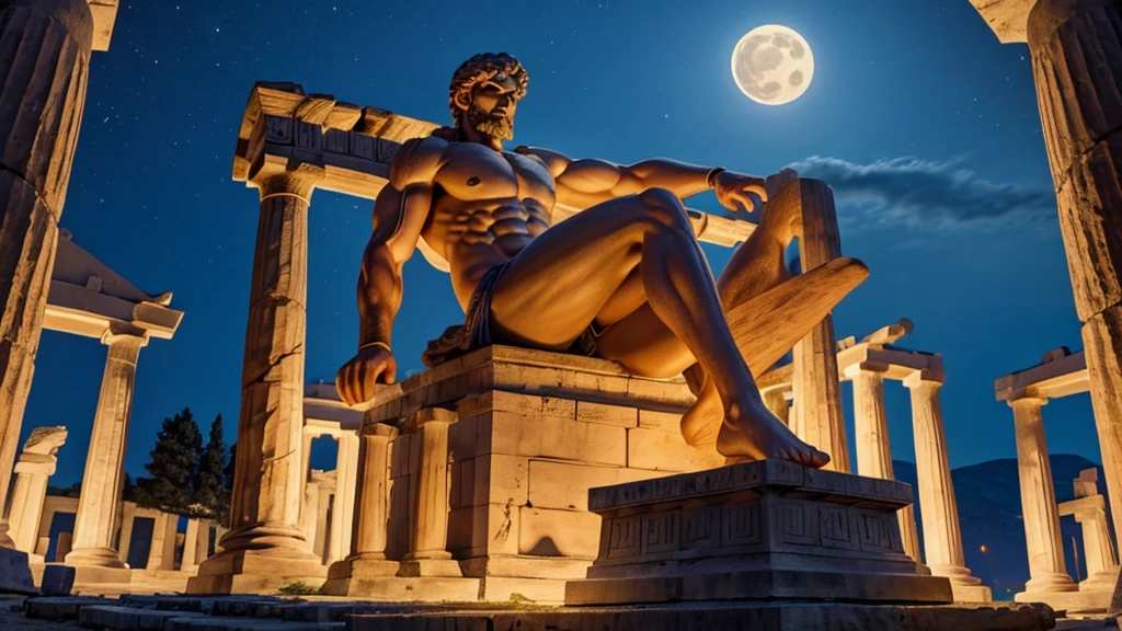 Super muscular Greek statue of Aristotle in front of a Greek temple on fire on a full moon night