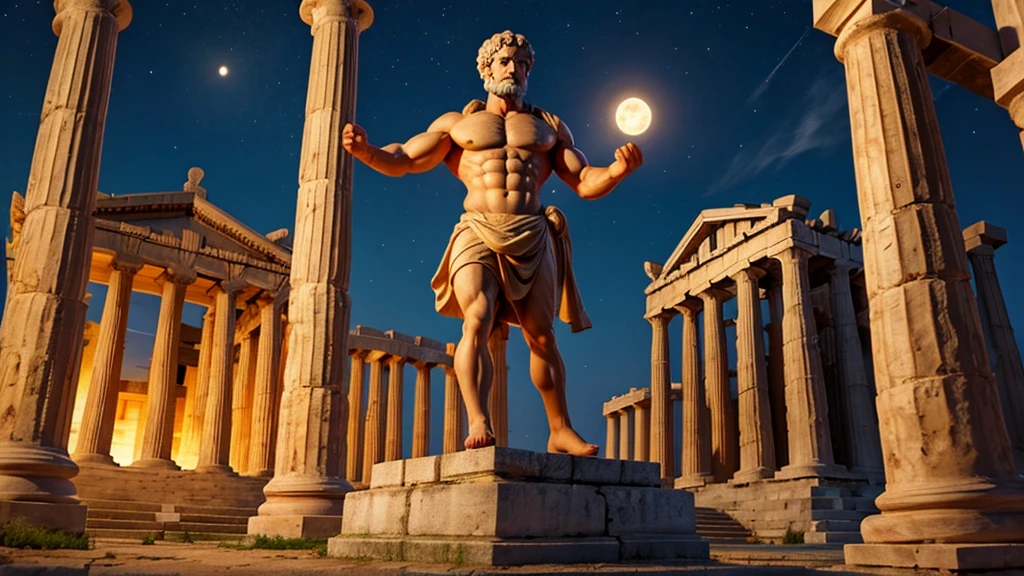 Super muscular Greek statue of Aristotle in front of a Greek temple on fire on a full moon night
