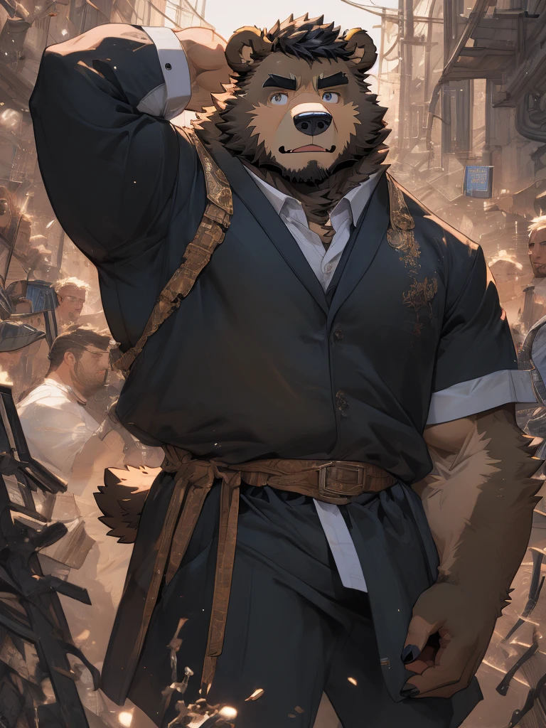 (Very detailed), Clear focus,hairy, Black and white fur), black beard, Black Hair,human nature (Brown Bear:1.3), male, Middle-aged and elderly people, Brown body, White belly, muscular ,Very detailed的脸,(Messy 1.4),(best quality), (masterpiece), High Detail, high quality,high resolution,16K,majestic appearance,Overlooking,(Brown Bear:1.3),(Brown fur:1.3)