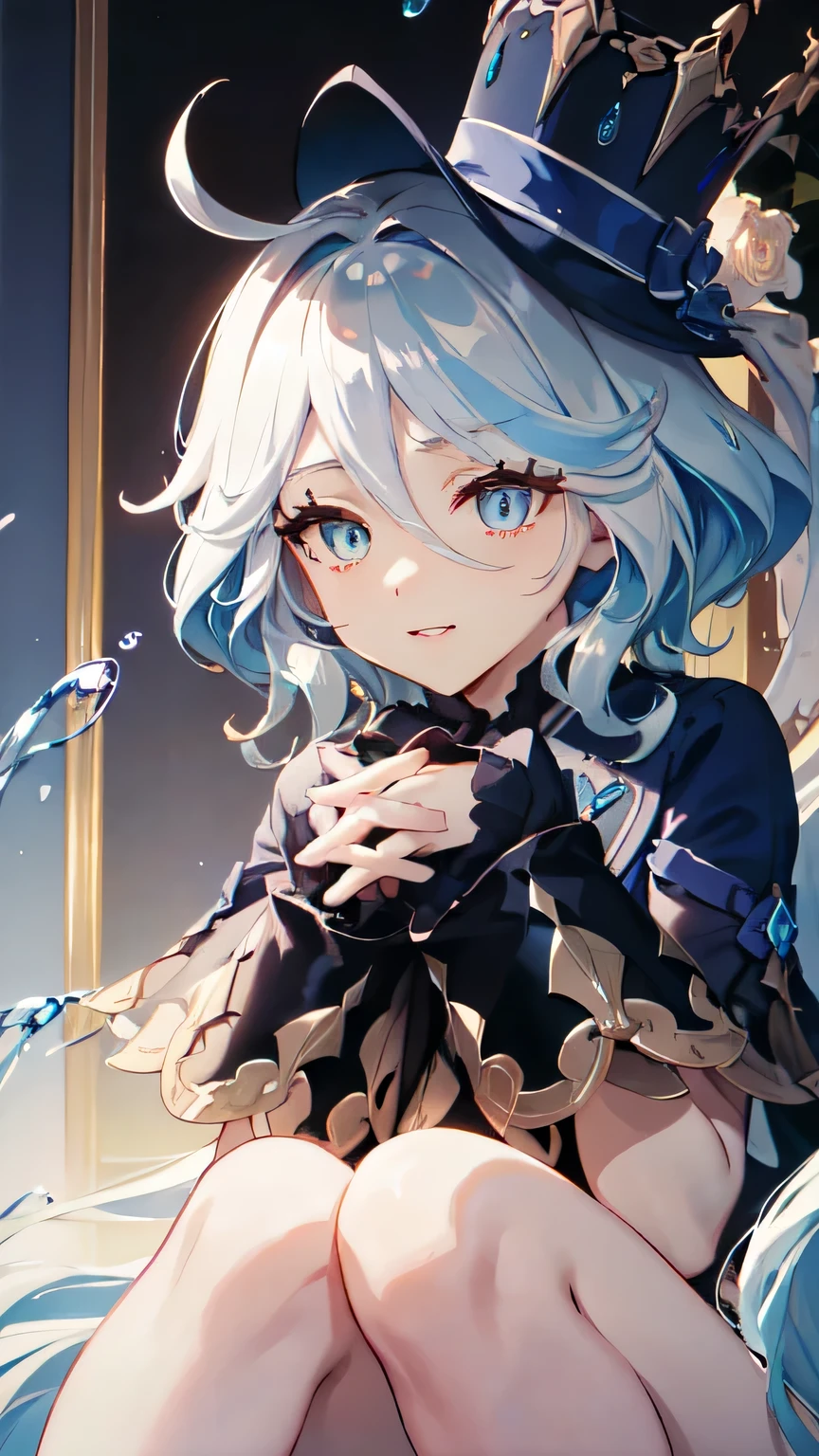(Surrounded by Water Element 1.5),There are water droplets around,(((Wearing a small black hat)))Forrina, Surrealism, 8K, Super Detail, Hydraulic Archon, Thick thighs, sit, Naughty face, smug, beautiful eyes, masterpiece, high resolution, 8K, Anime woman, The writing is delicate and meticulous 、Detailed digital illustration、(((Genshin Impact))、Shiny hair、A very beautiful woman、High image quality, high quality、Detailed background、The inside of the eye sparkles like a diamond、(((Blue Hair)))、(((Scan your fringe)))、Gradient pupil、(((2 arms、4 fingers, 1 thumb)))、Detailed female face、A very beautiful woman、、Detailed background、masterpiece、Soft Focus , Bright gradient watercolor , lens flare , (((flash))) , glow , excellent ,、((Very beautiful light blue rose hair accessories)), Luxury room background