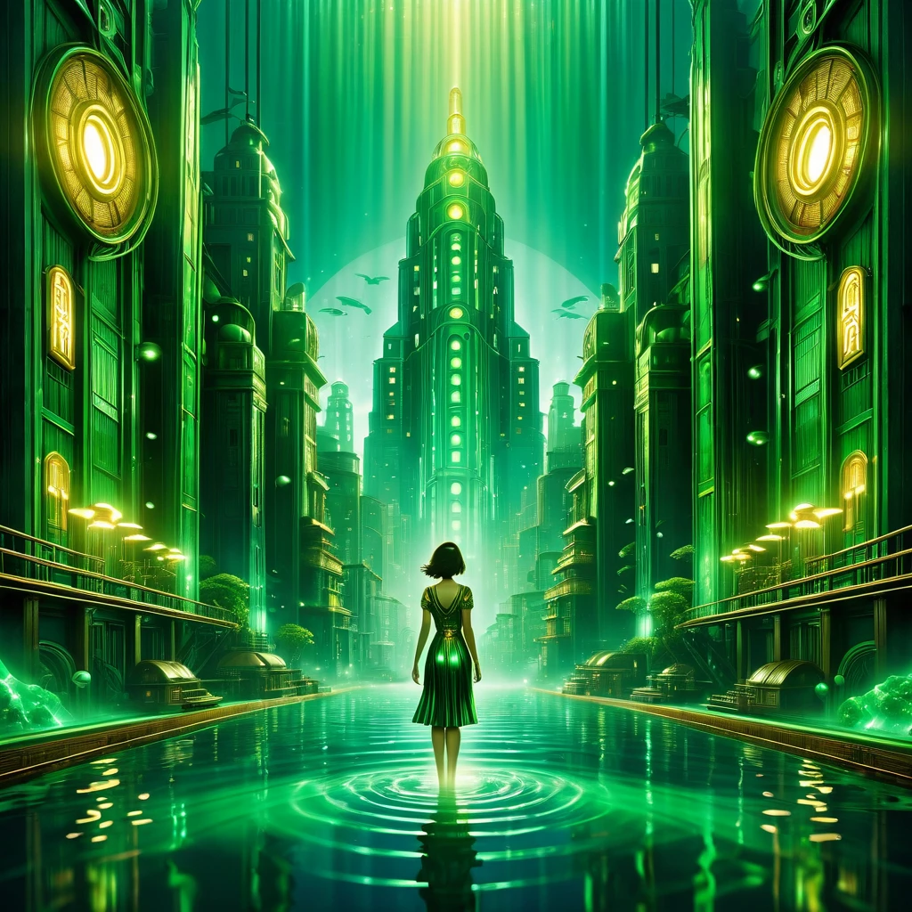 Bioshock ARTDECO, Poster, simple, Art Deco, Bright colors, Complex, 8K, Ultra-high resolution, Highest quality, Negative Space, High quality illustrations, an underwater city, perspective, green, green, gold, masterpiece, Cinema Lighting、Beautiful Japanese Women