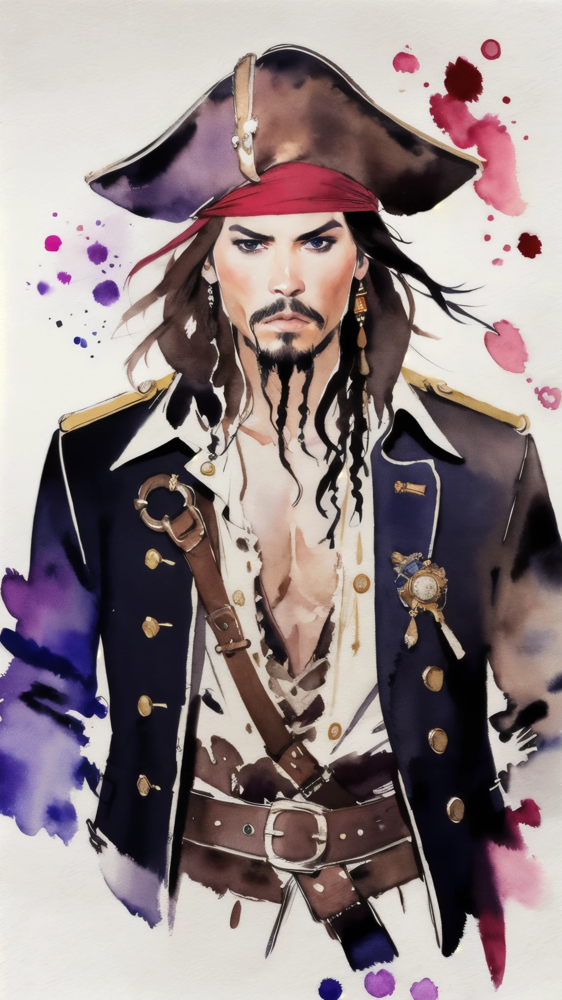 (masterpiece:1.2, Highest quality),8K,wallpaper,((Watercolor)),(Jack Sparrow), Upper body close-up,front,Dressed in a pirate costume,Perfect Eyes,Detailed face,,Cool guy