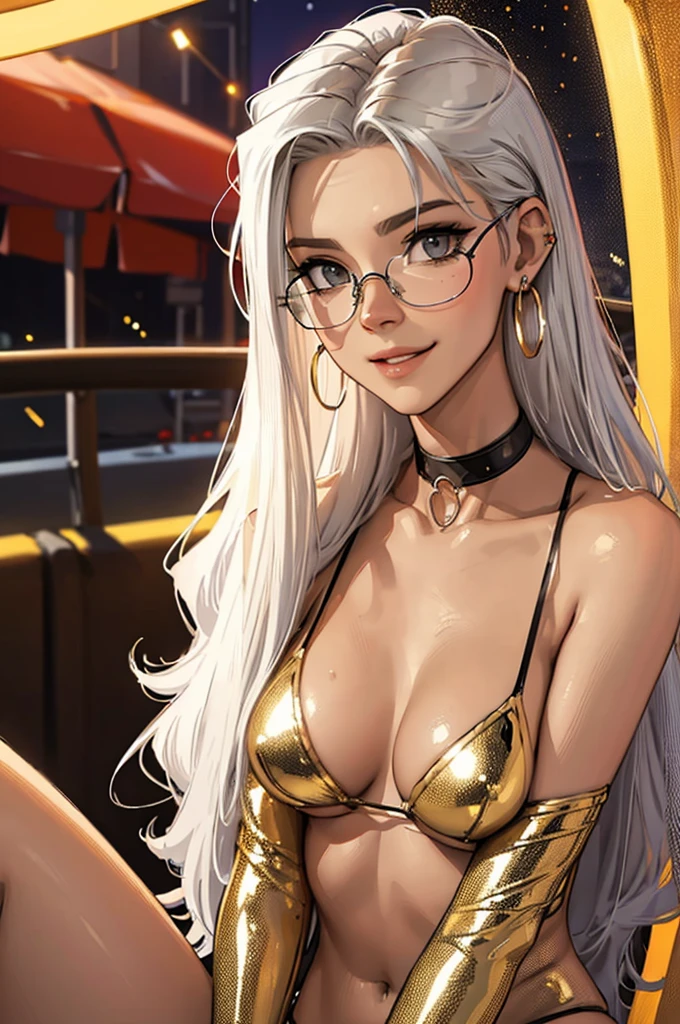 tmasterpiece，（tmasterpiece，top-quality，best qualityer），1girll， jewely，耳Nipple Ring，choker necklace，bangle， hoop earings， circle glasses，sun glasses， Long hair and long meat， Blonde hair，Black color hair，Silvery-white hair，Maroon hair， solo， ssmile， looking at viewert， motorvehicle，The Car， Sports cars，groundvehicle， Sat down， exteriors， daysies， nedium breasts，Open navel， dark skinned female， floral patterns， grinning smile，collars，Laser cloth，Sexy bikini，laser，holy rays，gold foil，Gold leaf art，glitter drawing，Correct anatomy，Detailed face, Detailed eyes，Chest exposed，(miami, night life)