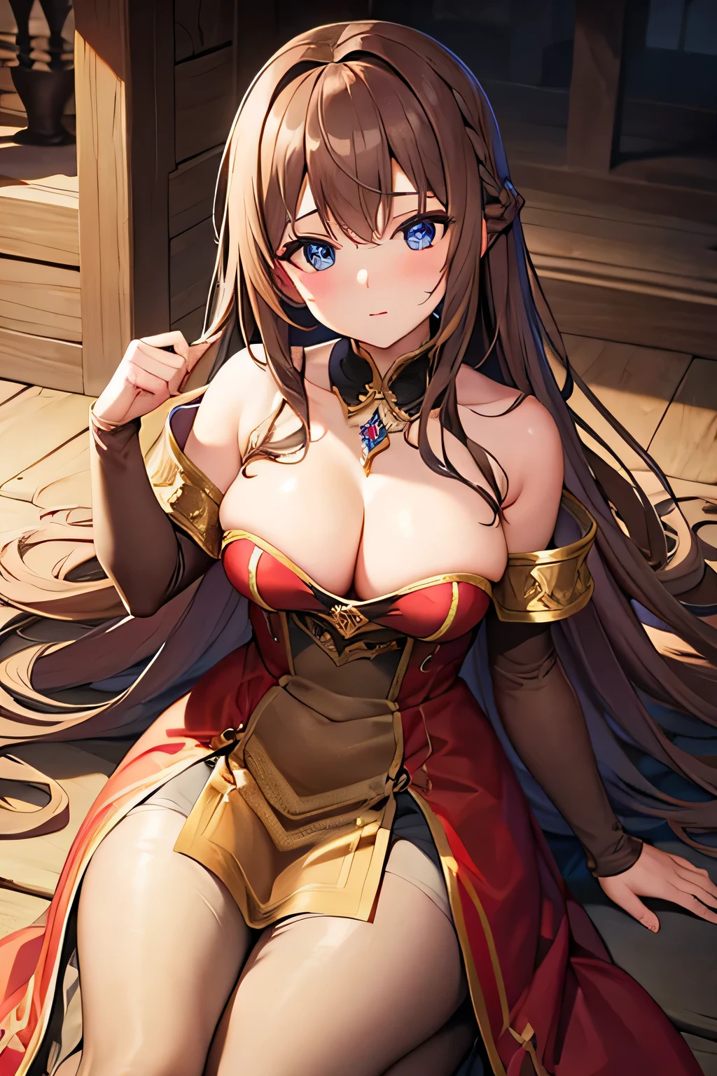 Beautiful dukeza with light brown hair, a beautiful dress from medieval times, beautiful sexy. Cold look .