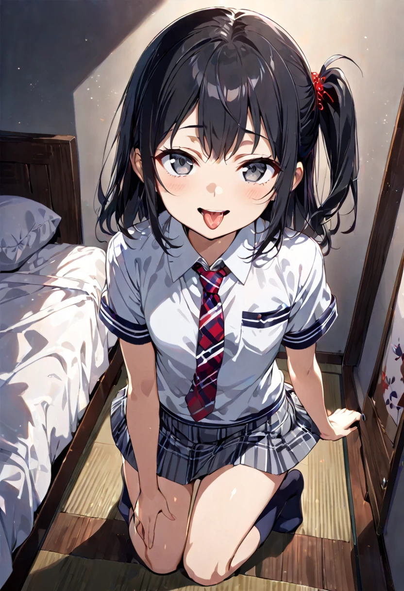 skirt lift,skirt hold,from front,front view,looking at viewer, looking ahead,from above,cowboy shot,1girl,Beautiful 11 year old girl,Japanese,Slender,,low length,Small breasts,Thin legs,Small Ass,Baby Face,Small face,Black Hair,one side up,Gray Eyes,Drooping eyes,middle School girls,uniform,Short sleeve shirt,Checked tie,Checked mini skirt,socks,open mouth,tongue out,front face,Kneeling,Straight Stand,Beautiful and detailed anime art,Mischievous smile,Sexy vibe,cum on tongue,Dimly lit room,On the bed,Simple Background,Gray background,Low lighting,