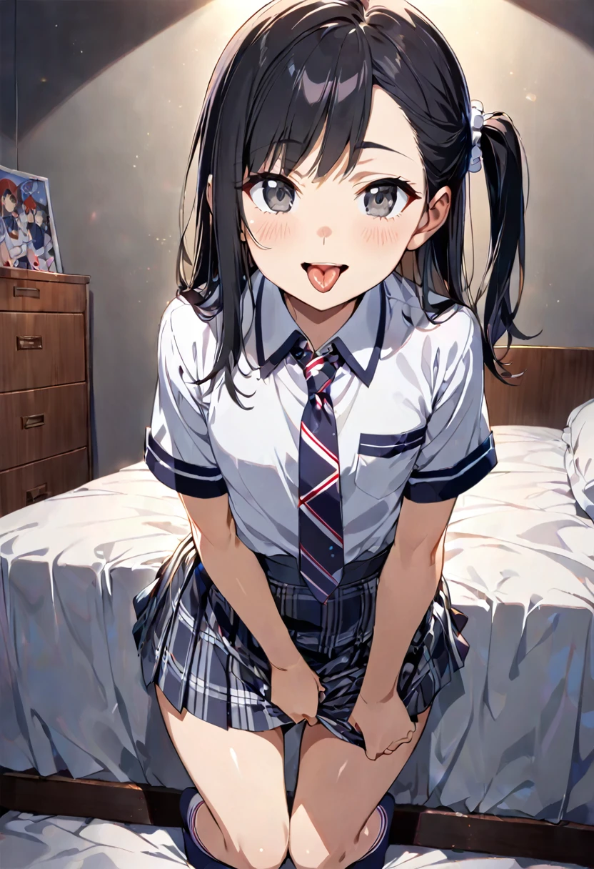 skirt lift,skirt hold,from front,front view,looking at viewer, looking ahead,from above,cowboy shot,1girl,Beautiful 11 year old girl,Japanese,Slender,,low length,Small breasts,Thin legs,Small Ass,Baby Face,Small face,Black Hair,one side up,Gray Eyes,Drooping eyes,middle School girls,uniform,Short sleeve shirt,Checked tie,Checked mini skirt,socks,open mouth,tongue out,front face,Kneeling,Straight Stand,Beautiful and detailed anime art,Mischievous smile,Sexy vibe,cum on tongue,Dimly lit room,On the bed,Simple Background,Gray background,Low lighting,