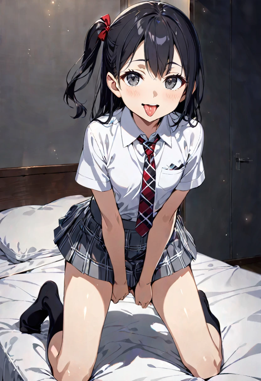 skirt lift,from front,front view,looking at viewer, looking ahead,from above,cowboy shot,1girl,Beautiful 11 year old girl,Japanese,Slender,,low length,Small breasts,Thin legs,Small Ass,Baby Face,Small face,Black Hair,one side up,Gray Eyes,Drooping eyes,middle School girls,uniform,Short sleeve shirt,Checked tie,Checked mini skirt,socks,open mouth,tongue out,front face,Kneeling,Straight Stand,Beautiful and detailed anime art,Mischievous smile,Sexy vibe,cum on tongue,Dimly lit room,On the bed,Simple Background,Gray background,Low lighting,