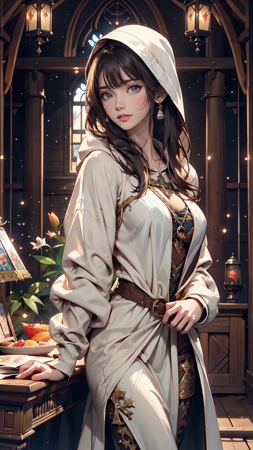 A detailed illustration of dark-haired Lily Collins in a hoodie and medieval dress, Soft and bright, HD Art by Greg Hildebrand, Liu Citemar, Sejic Stepan, Sanyang, Aikut Aidgudu, Justin Gerard, Alphonse Mucha, art gelm, WLOP and Greg Rutkowski、Sexy、Sexy proportions