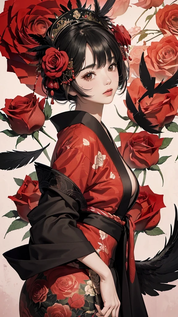((Highly detailed CG unit 8k wallpaper, masterpiece, High resolution, highest quality, highest qualityのリアルテクスチャスキン)), ((very beautiful woman, Nana Komatsu, Figure with hands in pockets:1.5, plump lips, Japanese pattern haori)), (messy black hair, white skin, small breasts), ((and handle background, Colorful background with roses and feathers、Red and black warm color)), Sumi-e, hyper realistic, digital painting, concept art,Red and black kimono