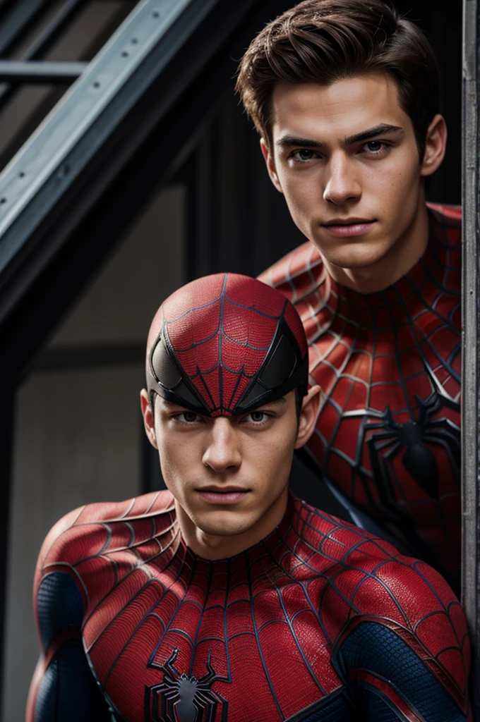 A photograph of spider man, no mask, 20 yo, handsome, detailed face, looking at camera, portrait, 8k uhd, high quality