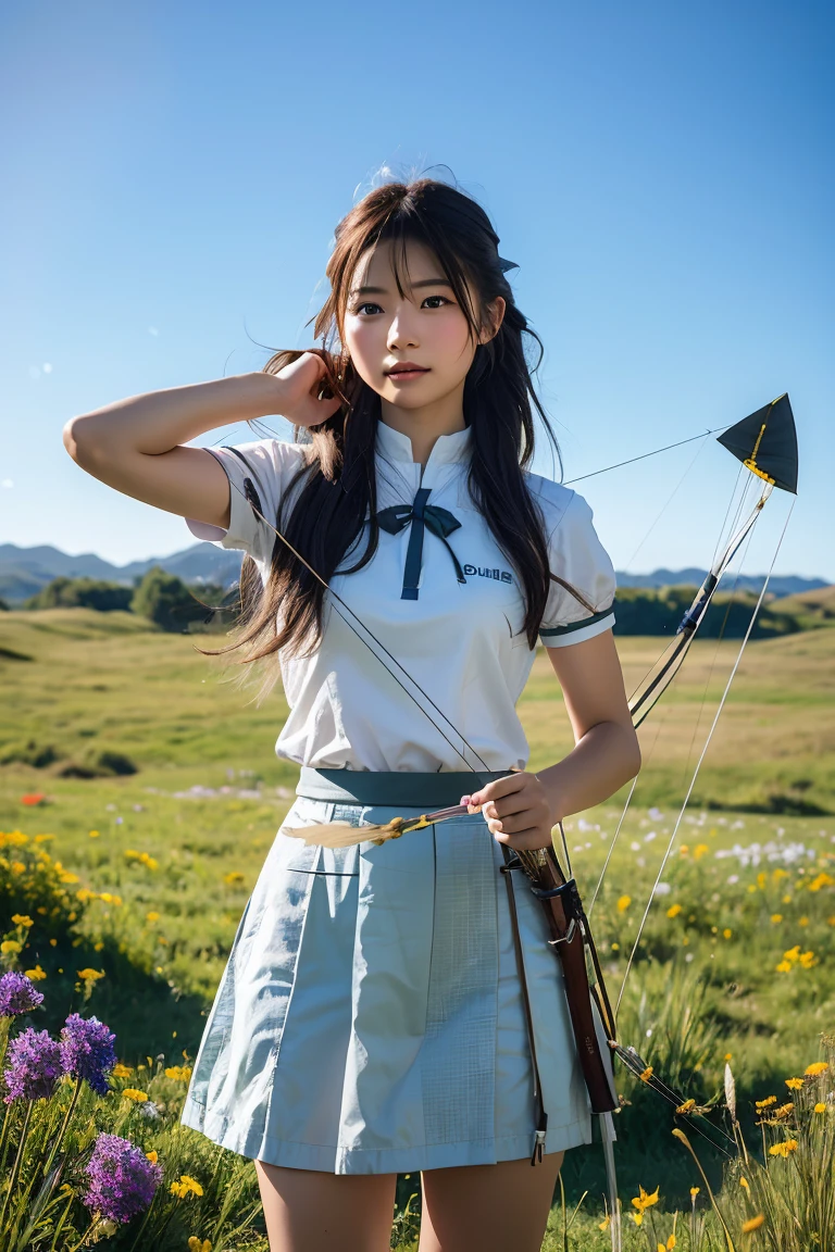 A photorealistic image of a young female archer with a serene expression, holding a bow and arrow. She is standing in a meadow with wildflowers, with soft lighting and a peaceful atmosphere. High resolution, ultra-detailed, 8k, best quality.