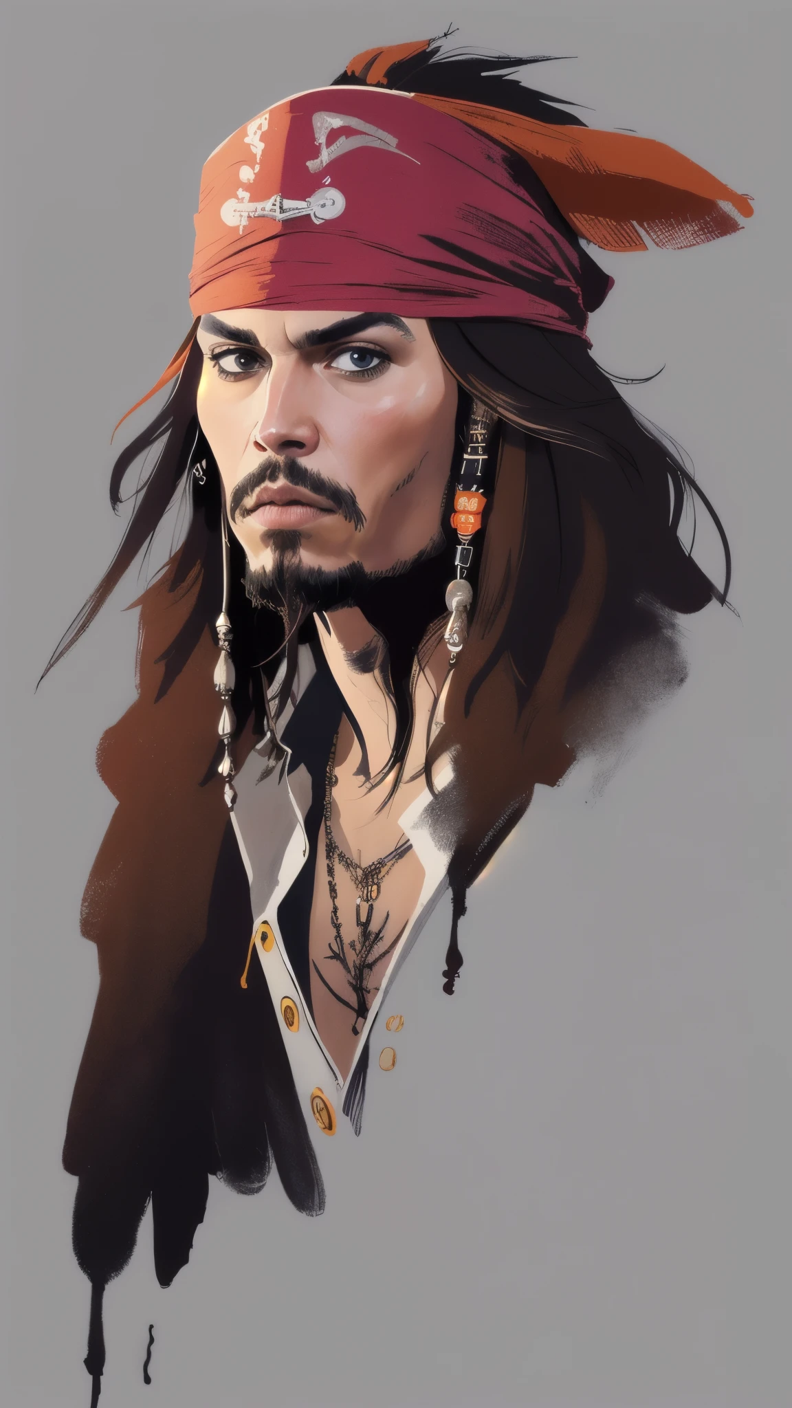 (masterpiece:1.2, Highest quality),8K,wallpaper,(An illustration),(Jack Sparrow), Upper body close-up,front,Dressed in a pirate costume,Perfect Eyes,Detailed face,,Cool guy
