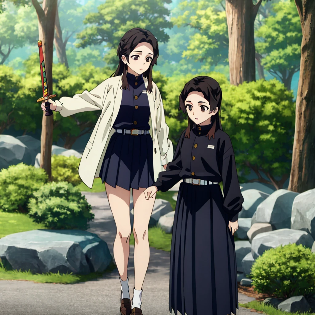 ((masterpiece, best quality, highres)), depth of field, BREAK, 1girl, standing, cowboy shot, holding sword,
BREAK, (outdoor, forest),
BREAK, brown eyes, white pupils, long hair, hair down, brown hair, red fade, BREAK, butterfly haori, black jacket, long sleeves, belt, pleated skirt, black skirt,