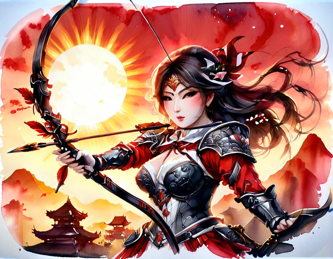 a Japanese watercolor illustration (using Black, white and red colors only) of a exquisite beautiful female archer, (silhouette artwork: 1.3), aiming a bow, holding the (composite masterwork bow: 1.3)  perfectly, ready for action as the sun rises, fantasy art, ), sun rising behind the archer, ready to act,  ultra feminine, with a long curvy hair, wearing knights armor, intricate clothes, , sting drawn to the cheek , arrow ready to be shot, (tip of the arrow glimmers in the sun: 1.3), sunrays, divine rays, high details, best quality, 16k, [ultra detailed], masterpiece, best quality, (extremely detailed), dynamic angle, Aiming a Bow, bow (weapon), ral-wtrclr, Aiming a Bow