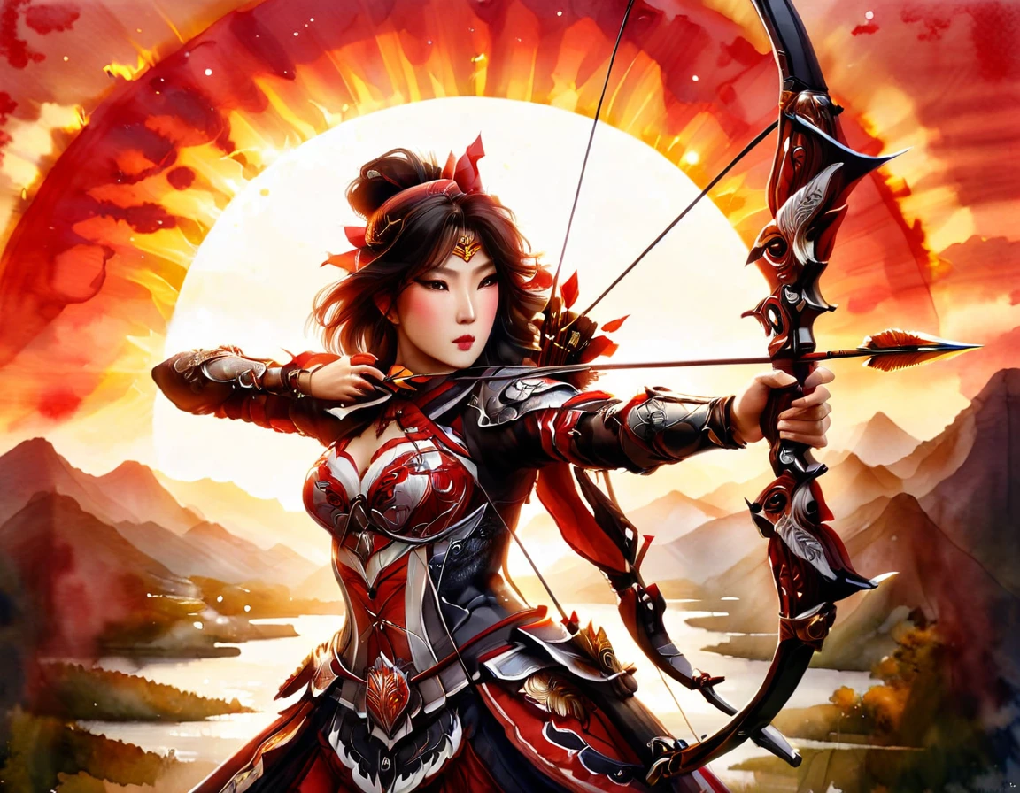 a Japanese watercolor illustration (using Black, white and red colors only) of a exquisite beautiful female archer, (silhouette artwork: 1.3), aiming a bow, holding the (composite masterwork bow: 1.3)  perfectly, ready for action as the sun rises, fantasy art, ), sun rising behind the archer, ready to act,  ultra feminine, with a long curvy hair, wearing knights armor, intricate clothes, , sting drawn to the cheek , arrow ready to be shot, (tip of the arrow glimmers in the sun: 1.3), sunrays, divine rays, high details, best quality, 16k, [ultra detailed], masterpiece, best quality, (extremely detailed), dynamic angle, Aiming a Bow, bow (weapon), ral-wtrclr, Aiming a Bow