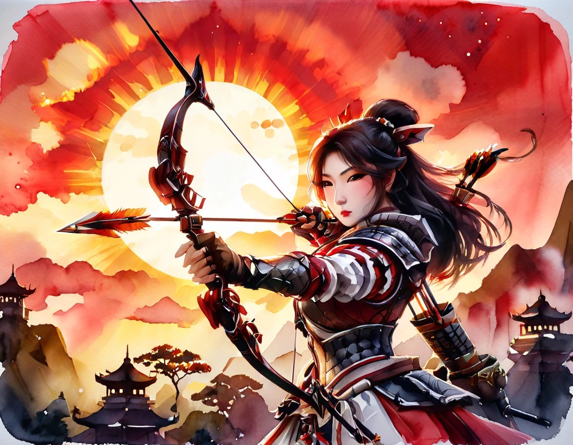 a Japanese watercolor illustration (using Black, white and red colors only) of a exquisite beautiful female archer, (silhouette artwork: 1.3), aiming a bow, holding the (composite masterwork bow: 1.3)  perfectly, ready for action as the sun rises, fantasy art, ), sun rising behind the archer, ready to act,  ultra feminine, with a long curvy hair, wearing knights armor, intricate clothes, , sting drawn to the cheek , arrow ready to be shot, (tip of the arrow glimmers in the sun: 1.3), sunrays, divine rays, high details, best quality, 16k, [ultra detailed], masterpiece, best quality, (extremely detailed), dynamic angle, Aiming a Bow, bow (weapon), ral-wtrclr, Aiming a Bow