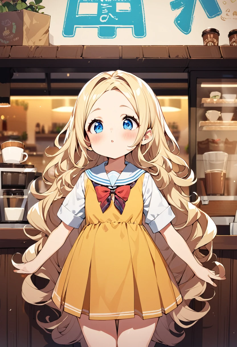 BREAK Perfect Anatomy、Highest quality、(cute:1.1)、(cute)、(High resolution:1.2)、Unbelievably absurd:1.3、Incredible illustrations、(cuteイラスト:1.2)、(Beautiful background、Coffee shop)1gial(Blonde hair and blue eyes、Wavy Hair(child,(a girl, dwarf, height 1.3meters, 30kg),,10-year-old,flat chest)(school uniform)Huge Cocoa Sunday and a Girl