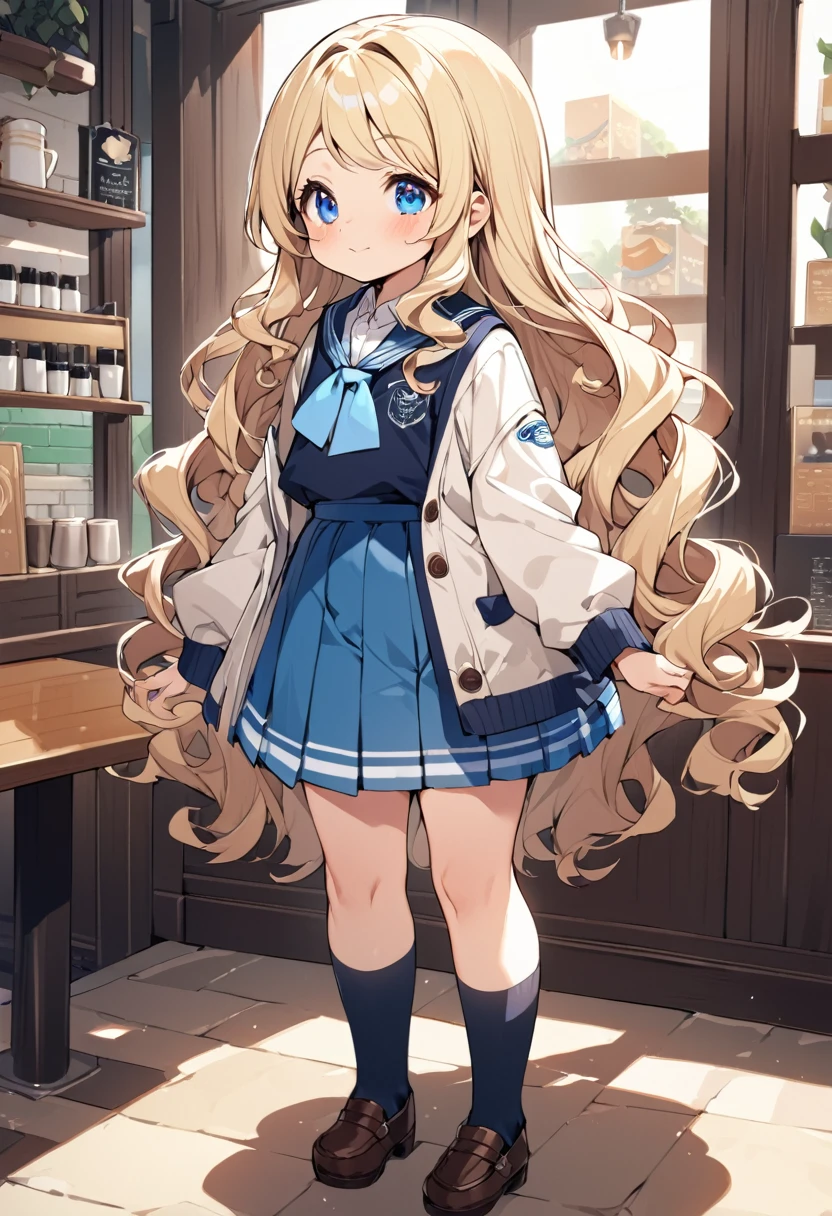 BREAK Perfect Anatomy、Highest quality、(cute:1.1)、(cute)、(High resolution:1.2)、Unbelievably absurd:1.3、Incredible illustrations、(cuteイラスト:1.2)、(Beautiful background、Coffee shop)1gial(Blonde hair and blue eyes、Wavy Hair(child,(a girl, dwarf, height 1.3meters, 30kg),,-yeld,flchest)(school uniform)Huge Cocoa Sunday and a Girl
