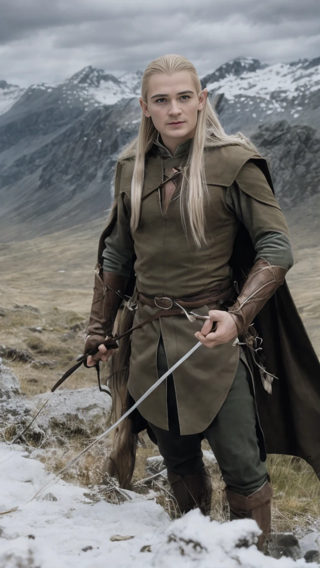 Legolas elf blond long hair, cinematic, against the backdrop of Mount Erebor Fantasy