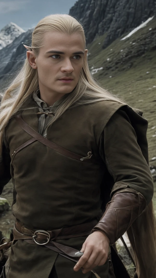 Legolas elf blond long hair, cinematic, against the backdrop of Mount Erebor Fantasy