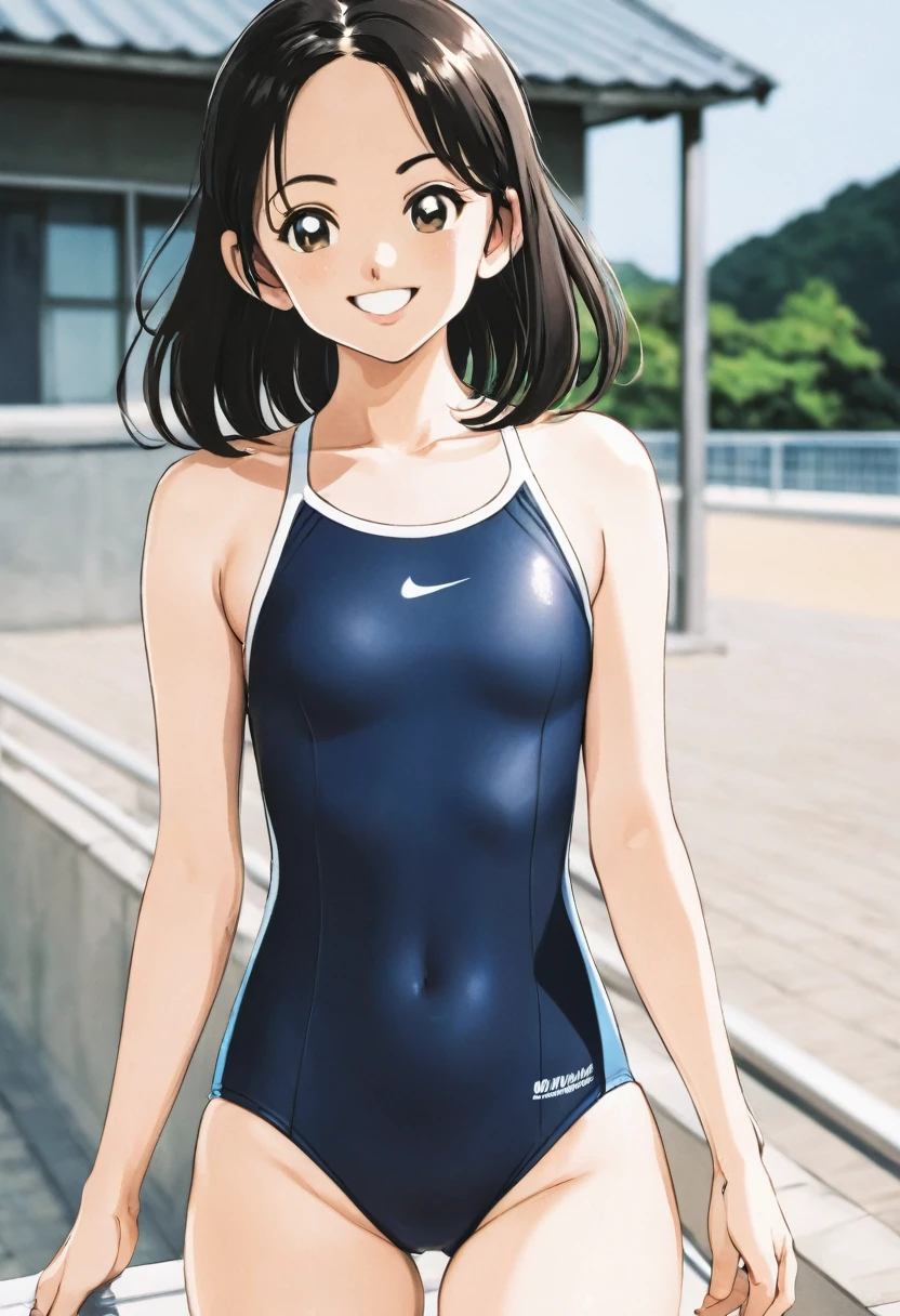 school swimsuit、Looking at the camera, smiling、upright