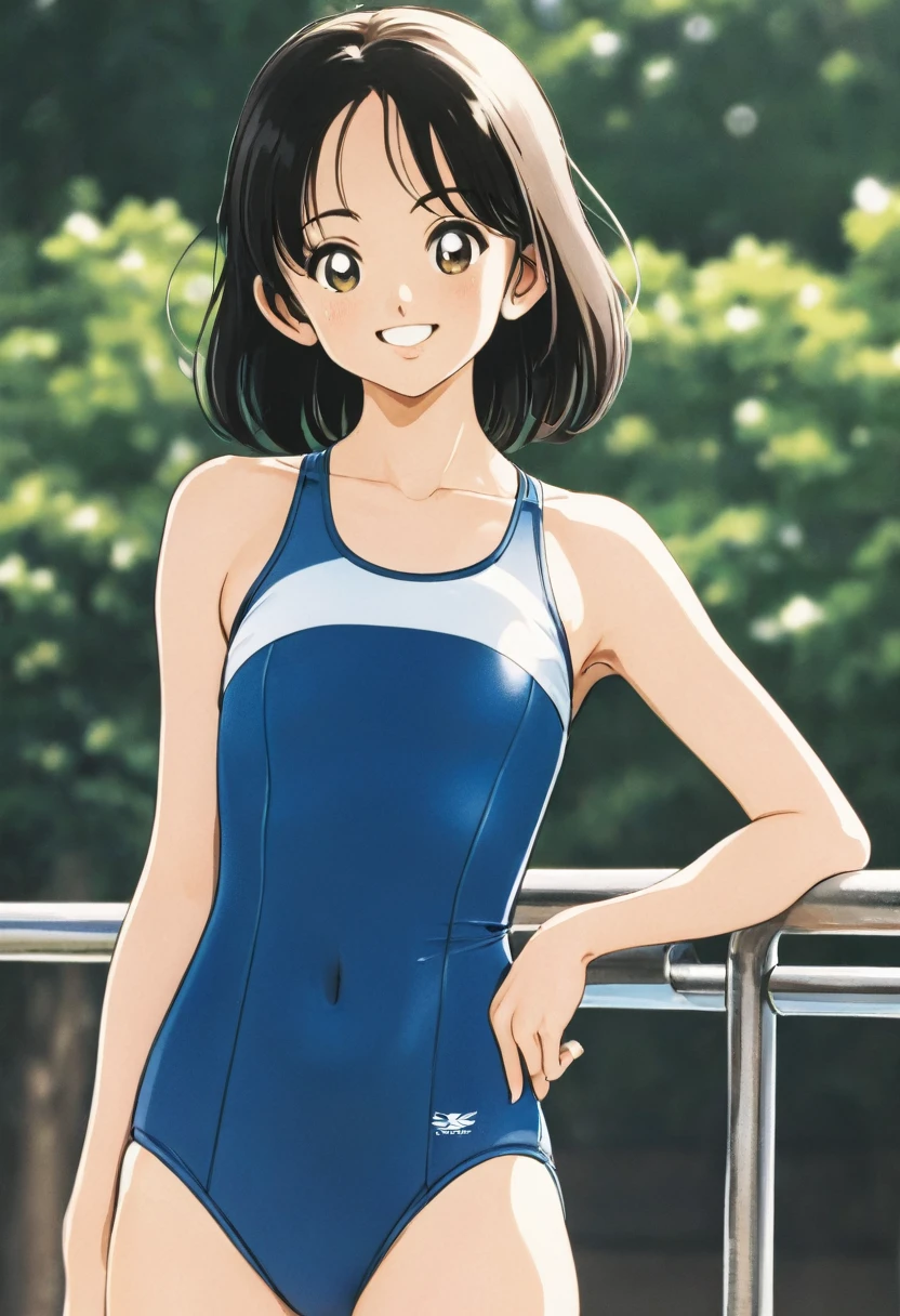 school swimsuit、Looking at the camera, smiling、upright