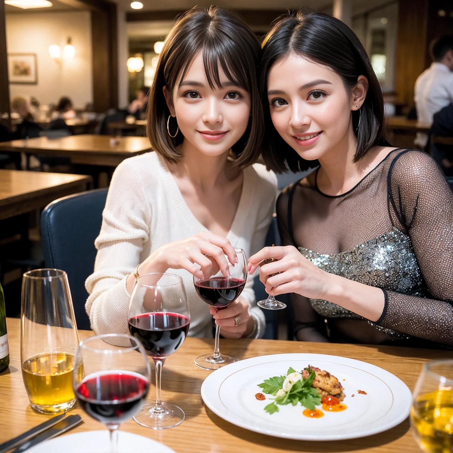 ((Highest quality、8K、masterpiece:1.3))、 (Ultra-realistic、 Genuine、Bright image、Intricate details:1.2), 最高のsmile、1 male、1 female、Beautiful couple、love love love、Roman Lovers、Good friends、actress couple、smile、Full-course dinner at a packed table、 (Slim face), (the body is slim), (Brown Hair), (short hair), テーブルのwine glass、Please shine a light on my face、 Amazing view of the sunset sky and clouds、35 years old 39 years old, red wine 、Appetizers、Wine bottle、sparkling wine、Long sleeve shirt、dress、White wine, red wine, wine glass,