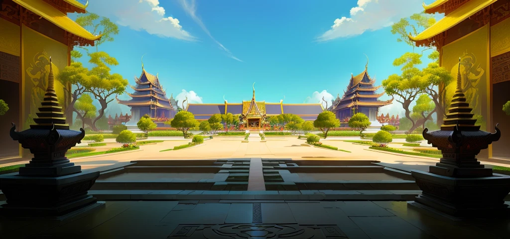 there is a painting of a courtyard with 2 gold elephants statue thailand and thailand temple, arena background, mobile game background, background art, background artwork, palace background, game background, temple background, volley court background, zen temple background, anime background art, royal garden background, amazing wallpaper, anime background, 2 d game art background, park background, anime scenery concept art, videogame background, Cassia fistula, far architect thailand, thailand temple, temple behind, thailand mood, thailand backgound