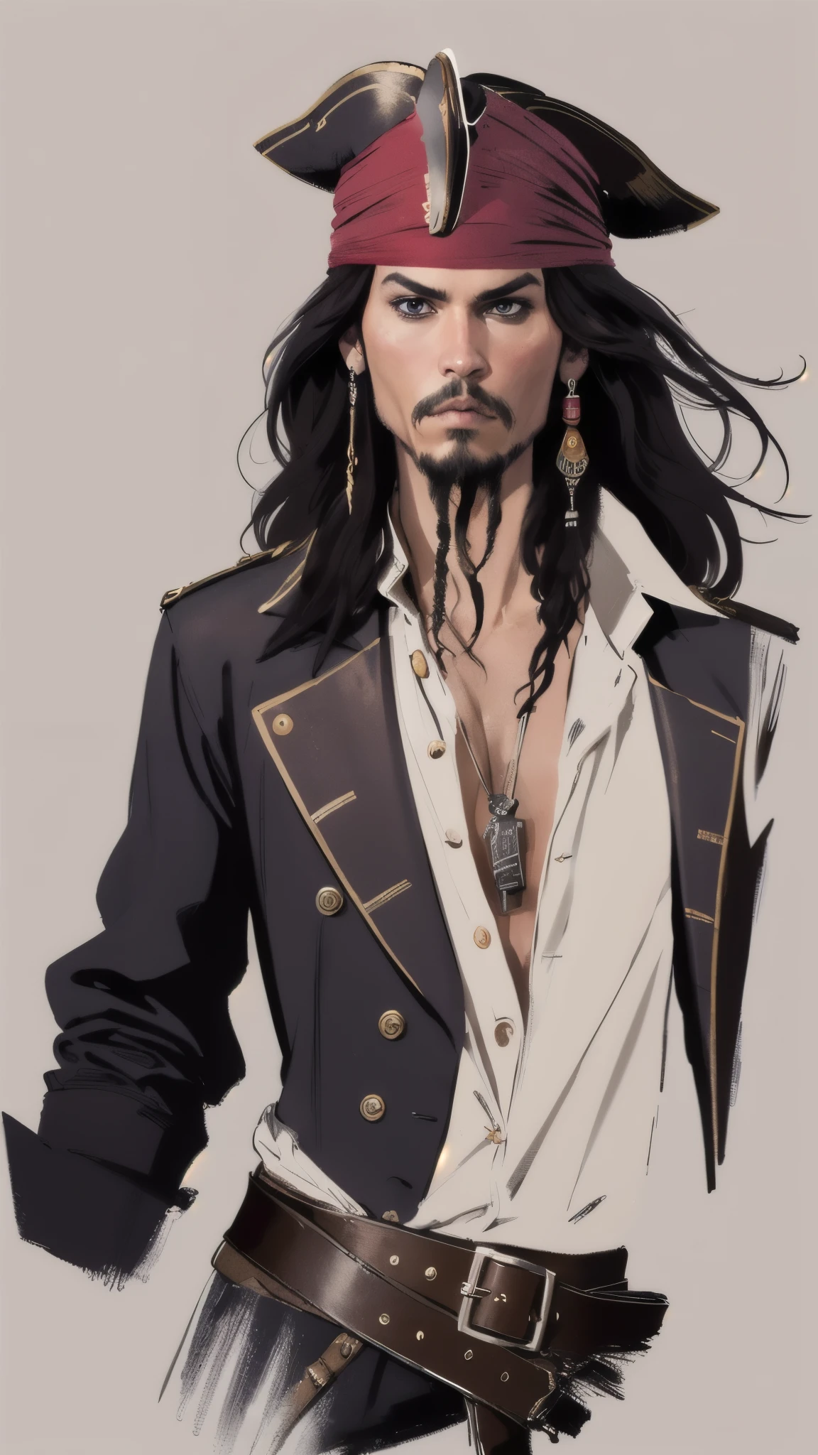 (masterpiece:1.2, Highest quality),8K,wallpaper,(An illustration),(Jack Sparrow), Upper body close-up,front,Dressed in a pirate costume,Perfect Eyes,Detailed face,,Cool guy
