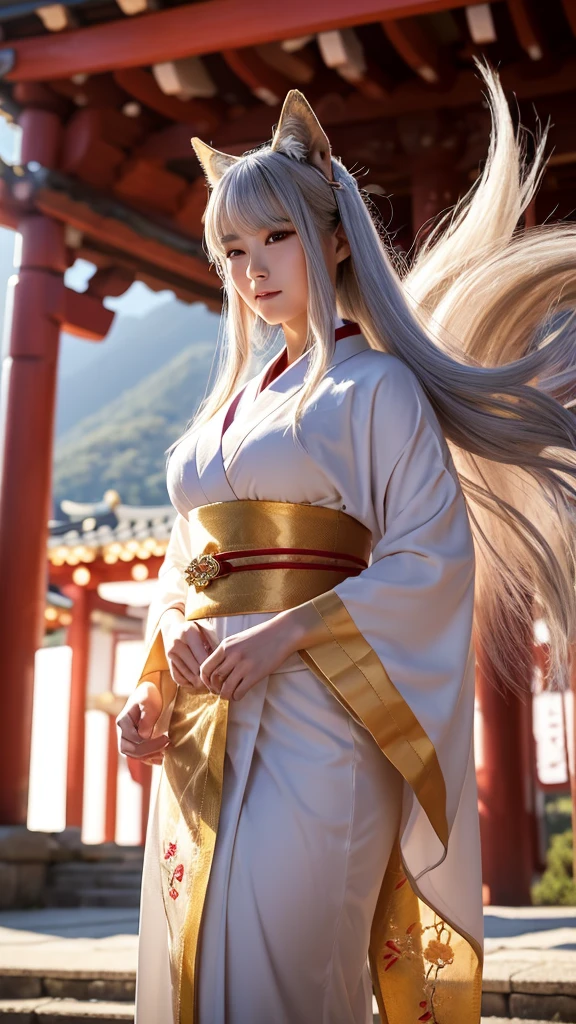 "A beautiful, majestic female character named nine tail flower (Kyubi no Hana) with a super curvy, very voluptuous, and chubby body. She has long silver hair flowing down to her waist, large golden eyes with slit pupils, and a face that radiates beauty and elegance. She is dressed in a luxurious kimono with golden embroidery and a fox crest on the obi. Behind her, nine beautiful, glowing tails spread out, swaying gracefully."
"Kyubi no Hana stands in front of an ancient, majestic Shinto shrine deep in the mountains. The shrine is surrounded by blooming cherry trees, and petals dance in the wind along the path leading to the shrine. There is an air of calm and awe as she stands before the worship hall, her presence exuding overwhelming power and grace. Around her, soft light particles float, symbolizing her immense power. At night, her tails emit a gentle light, enveloping the entire shrine in a mystical glow."
"A scene depicting Kyubi no Hana standing with an air of authority and kindness. She is both regal and gentle, wise from thousands of years of experience, and occasionally shows a playful smile. Her nine tails, each radiating soft light, create an ethereal atmosphere around her as she raises her hand to form a spiritual barrier, protecting the shrine from evil."
This should provide a detailed and vivid description for generating an image of 九尾華 and her majestic setting.